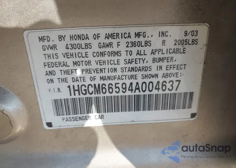 2004 Honda Accord 3.0 Ex из США, поврежденный, VIN 1HGCM66594A004637